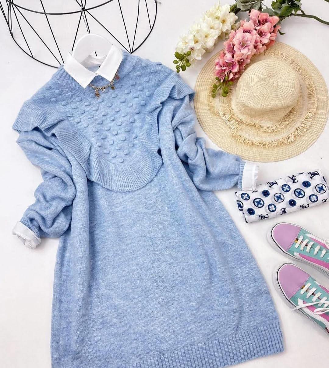 فستان صوف قصير (تونيك) ناعم مزين بكشكشة ونقاط بارزة - أزرق فاتح. - alotasawkli