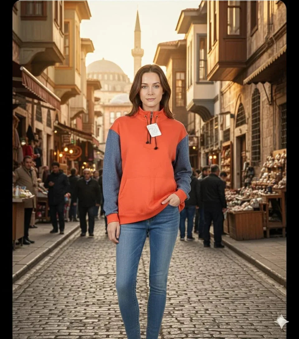 سويت شيرت كاجوال "أوفر سايز" بياقة سحاب وأكمام متباينة - إطلالة شتوية عصرية - alotasawkli