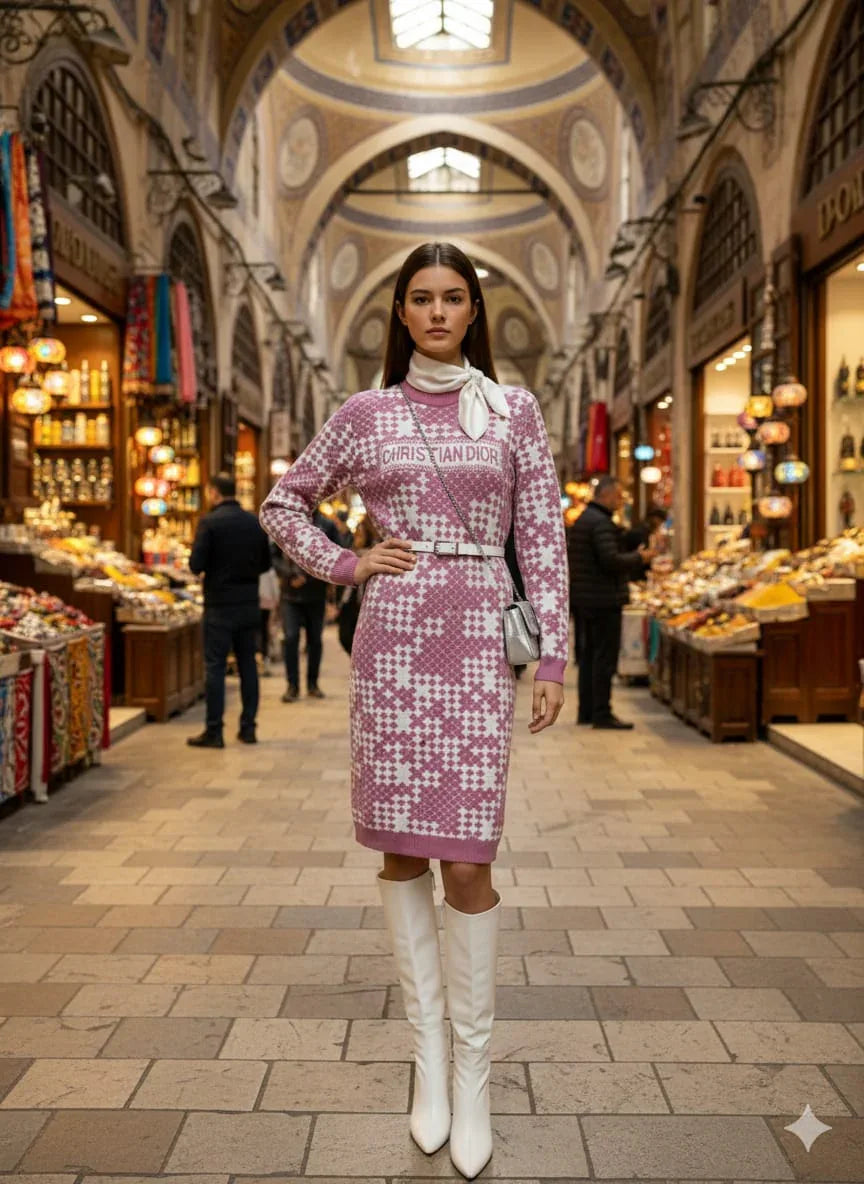 فستان "ديور" صوف محبوك بنمط هندسي ولون وردي - إطلالة راقية وعصرية - alotasawkli