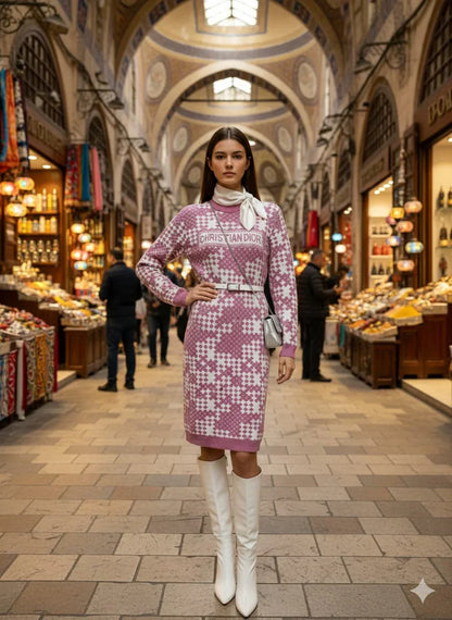 فستان "ديور" صوف محبوك بنمط هندسي ولون وردي - إطلالة راقية وعصرية - alotasawkli