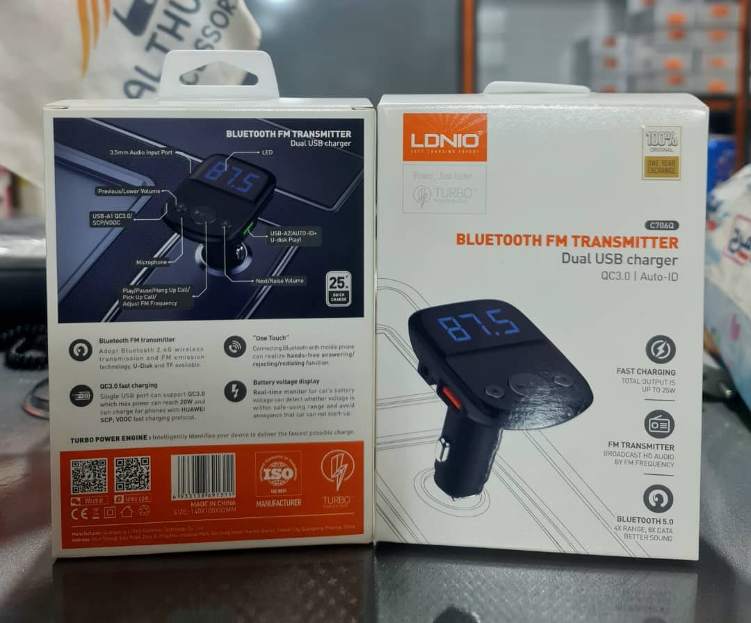 جهاز LDNIO C706Q - بلوتوث FM وشاحن سيارة سريع بقوة 25 واط