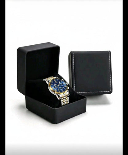 FNGEEN Luxury Men's Two-Tone Quartz Watch - Blue/Black Dial Chronograph Style