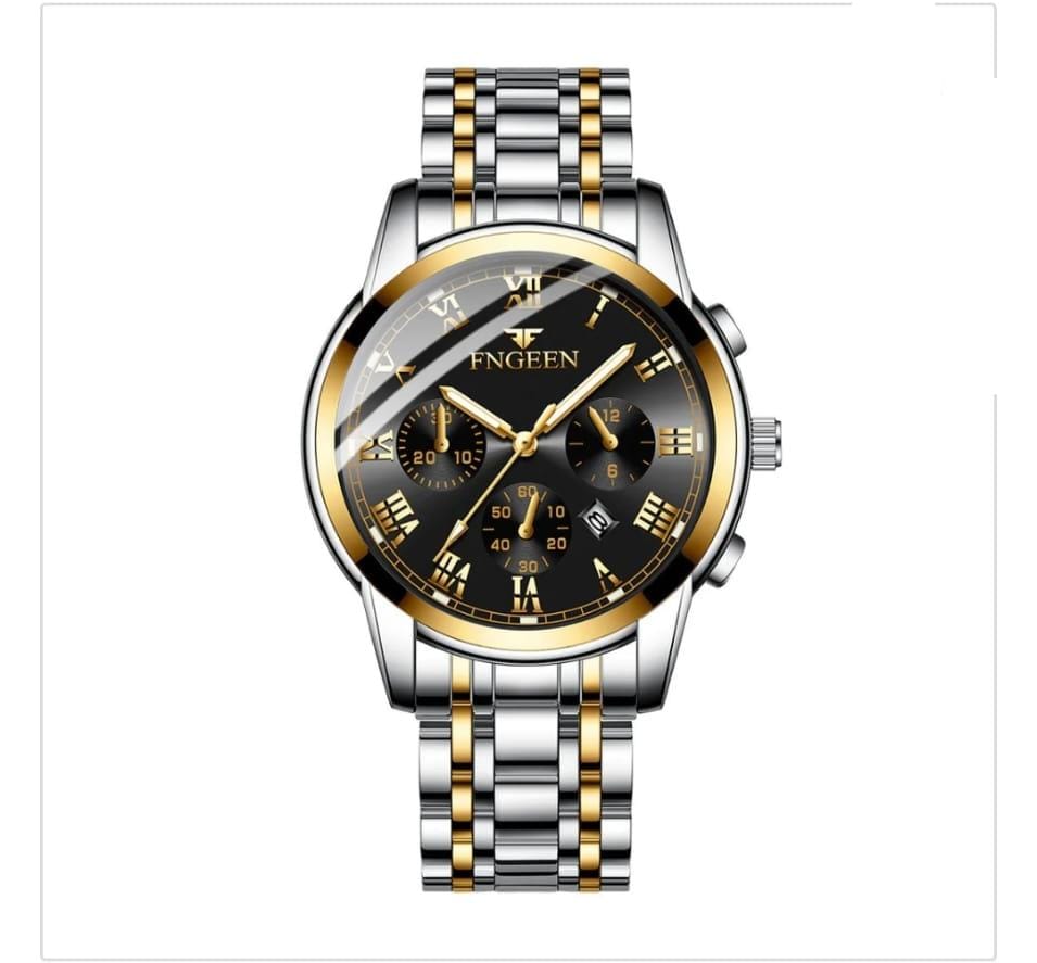 FNGEEN Luxury Men's Two-Tone Quartz Watch - Blue/Black Dial Chronograph Style