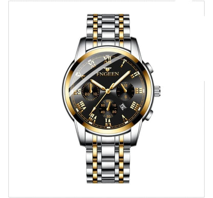 FNGEEN Luxury Men's Two-Tone Quartz Watch - Blue/Black Dial Chronograph Style