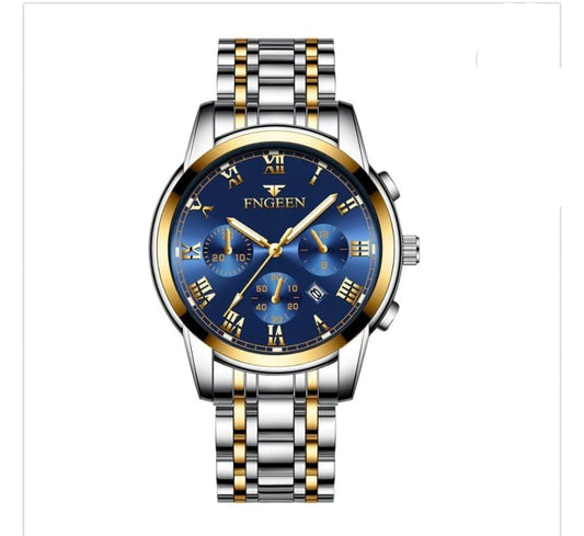 FNGEEN Luxury Men's Two-Tone Quartz Watch - Blue/Black Dial Chronograph Style