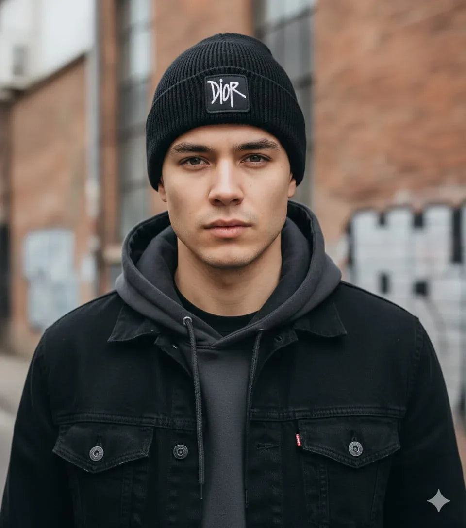 قبعة شتوية صوف (Beanie) ناعمة بشعار عصري - أسود ملكي. - alotasawkli