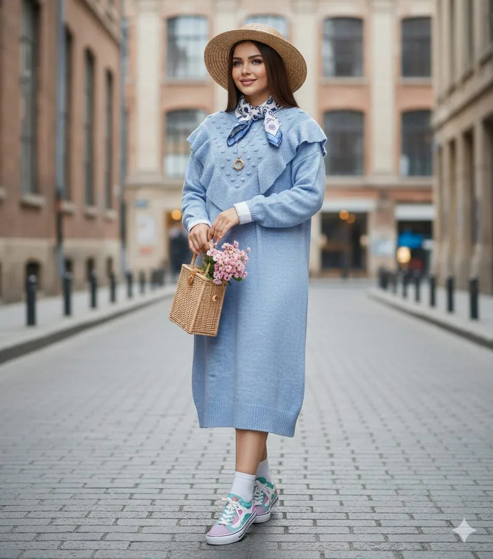 فستان صوف قصير (تونيك) ناعم مزين بكشكشة ونقاط بارزة - أزرق فاتح. - alotasawkli