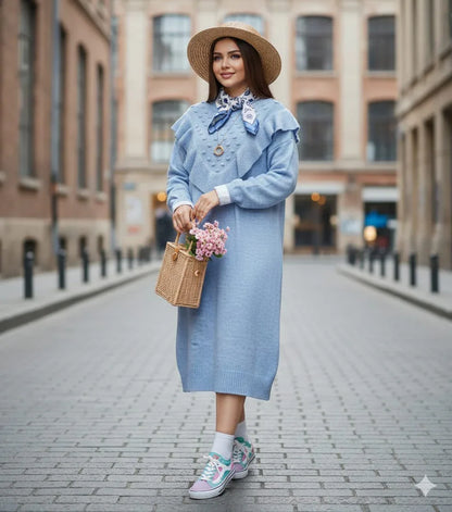 فستان صوف قصير (تونيك) ناعم مزين بكشكشة ونقاط بارزة - أزرق فاتح. - alotasawkli