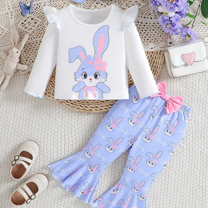 2pcs Cute Little Rabbits Baby Girls' Outfit | Autumn and Winter Small Flying Sleeve T-shirt and Flared Long Pants with Headwear, Suitable for Festival Wear, for Outdoor - alotasawkli