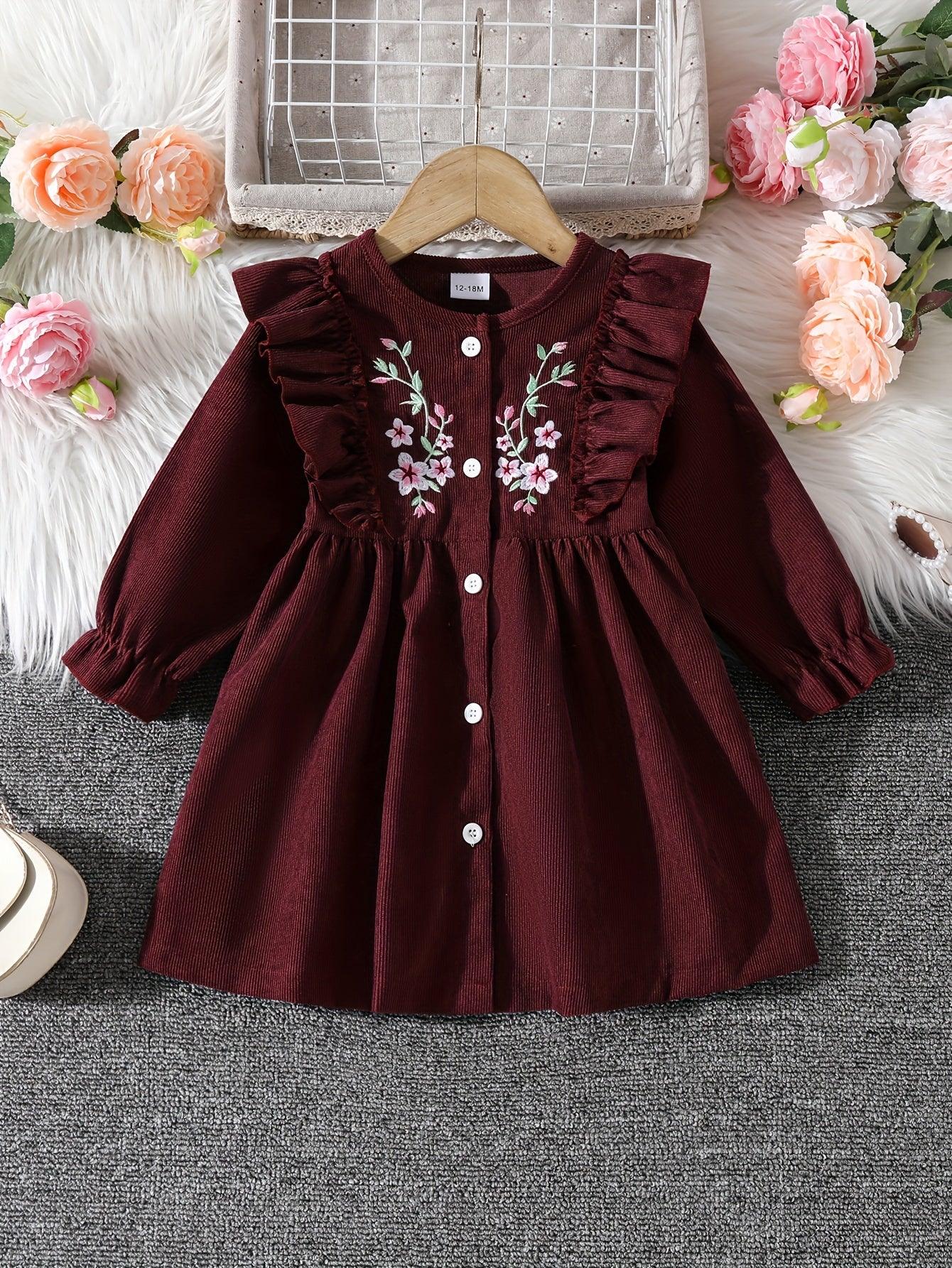 Adorable Long Sleeve Corduroy Dress for Little Girls - Floral Embroidery, Ruffled Sleeves, Polyester Blend, All-Season Casual Wear, Floral Embroidery Dress|Ruffled Sleeve Dress|Polyester Blend Dress - alotasawkli