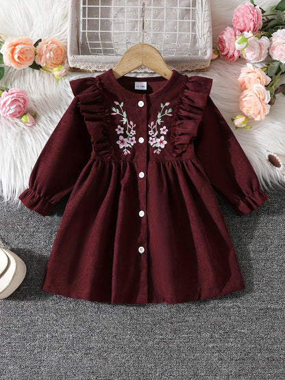 Adorable Long Sleeve Corduroy Dress for Little Girls - Floral Embroidery, Ruffled Sleeves, Polyester Blend, All-Season Casual Wear, Floral Embroidery Dress|Ruffled Sleeve Dress|Polyester Blend Dress - alotasawkli