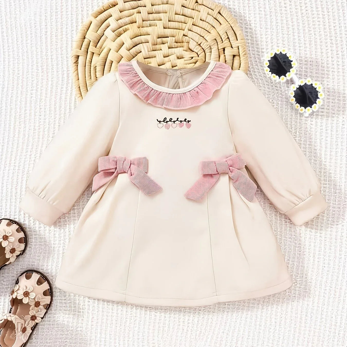 1pc 's Long Sleeve Dress with Heart-Embellished Bow Waist - Solid Color Spring/Fall Dress, Machine-Washable Casual Outfit for Girls (1pc Dress) - Easy Diaper Change & Casual Attire - alotasawkli