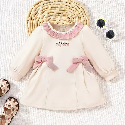 1pc 's Long Sleeve Dress with Heart-Embellished Bow Waist - Solid Color Spring/Fall Dress, Machine-Washable Casual Outfit for Girls (1pc Dress) - Easy Diaper Change & Casual Attire - alotasawkli