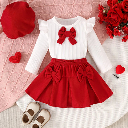 2pcs Set of Autumn and Winter Girl Casual Bow Long Sleeved Fly Sleeve T-shirt+skirt Set (with Hat Included), Simple and Cute, Suitable for Birthday Gifts and Attending Parties, Perfect for Outdoor - alotasawkli
