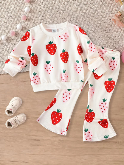 for Autumn and Winter - Girls 0-3 Years - New Strawberry Print Two Piece Set, with Red Strawberries, Green Leaves, and Pink Hearts, Soft Beige-Friendly Material, Boneless Sewing Craft, Baby Warm Outerwear, Winter Daily Wear, Cute Children's Clothing - alotasawkli