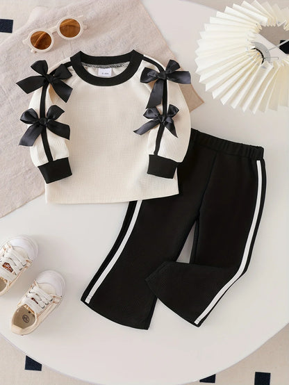 TEMU-Girls' 2pcs Long Sleeve Black Flared Pants - alotasawkli