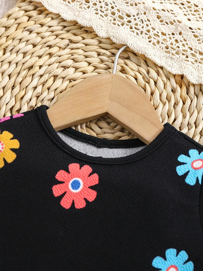 Baby Girl Long Sleeve Black Dress with Floral Digital Print | Crew Neck, Non-Stretch Fabric, Casual Style, Perfect for Spring/Fall - alotasawkli