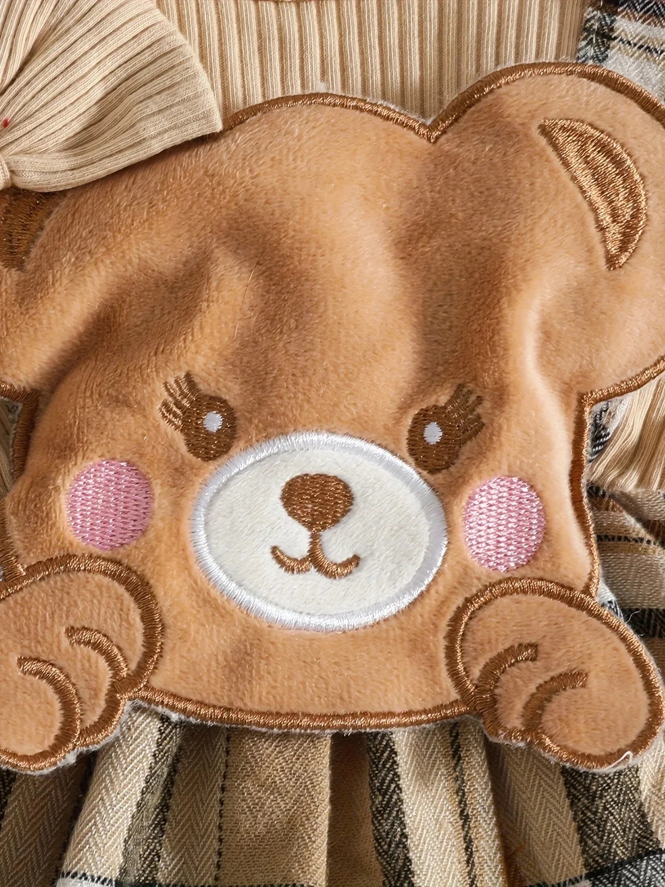 Adorable Bear Cub Long Sleeve Dress with Bow Headband - Pink and White Plaid Pattern, Ruffle Neckline, Midi Length, Perfect for Autumn/Winter, Toddler Dress, Winter Toddler Clothing, Soft Texture Apparel, the Best Gift for Your Baby - alotasawkli
