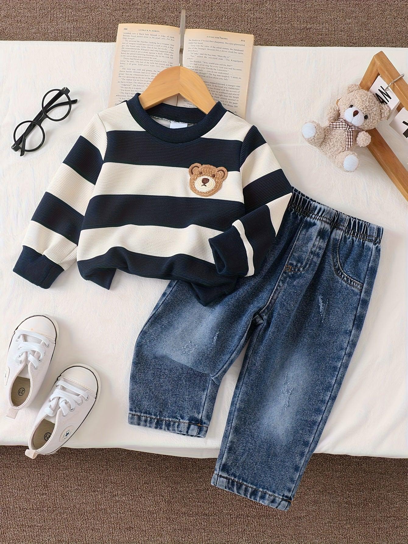 TEMU-2pcs Denim Set with Striped Long Sleeves - alotasawkli