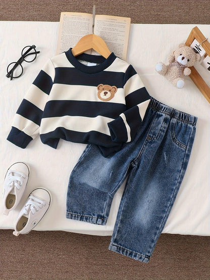 TEMU-2pcs Denim Set with Striped Long Sleeves - alotasawkli