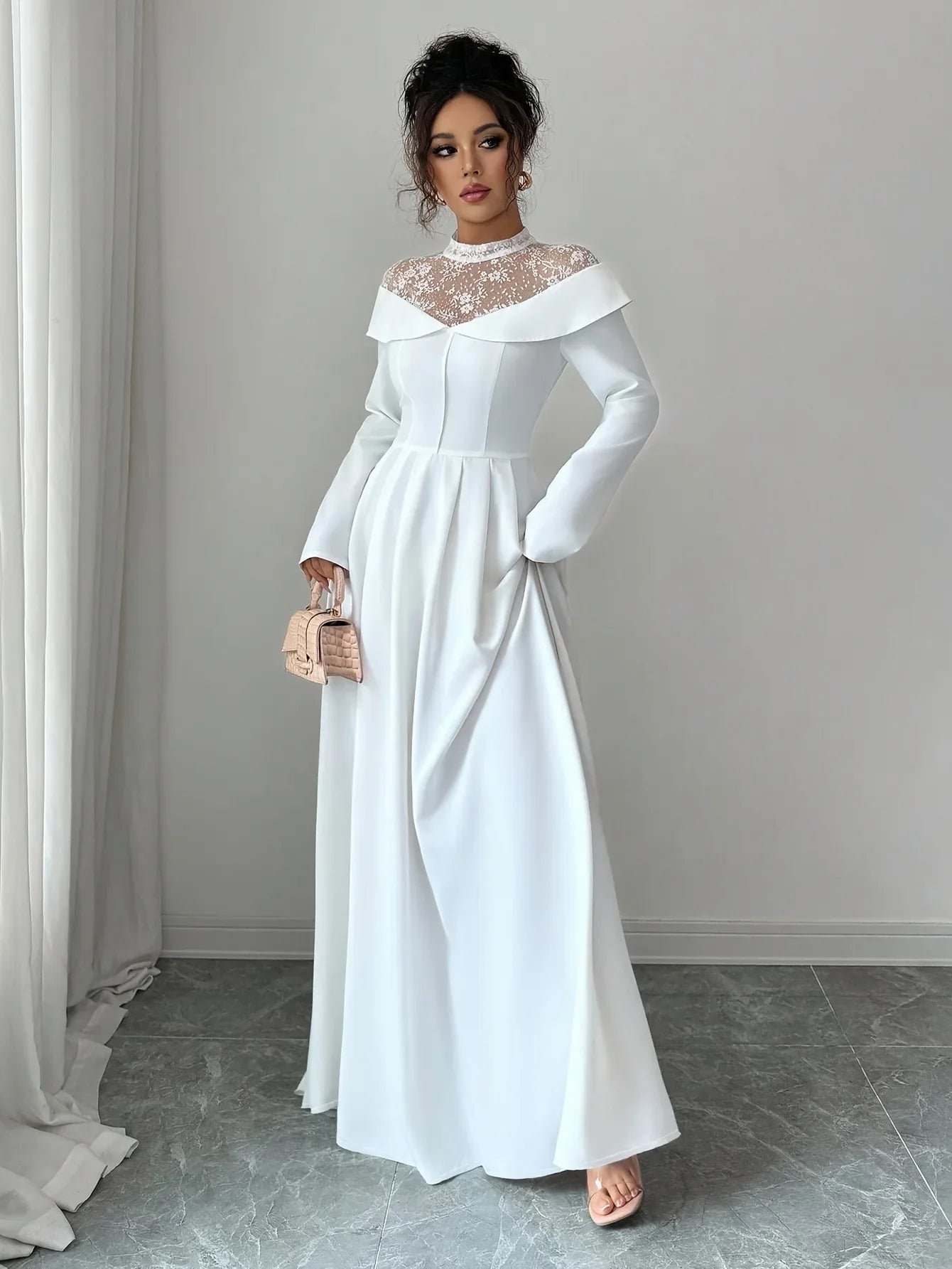 Elegant White A-Line Maxi Dress with Mesh Panel - alotasawkli