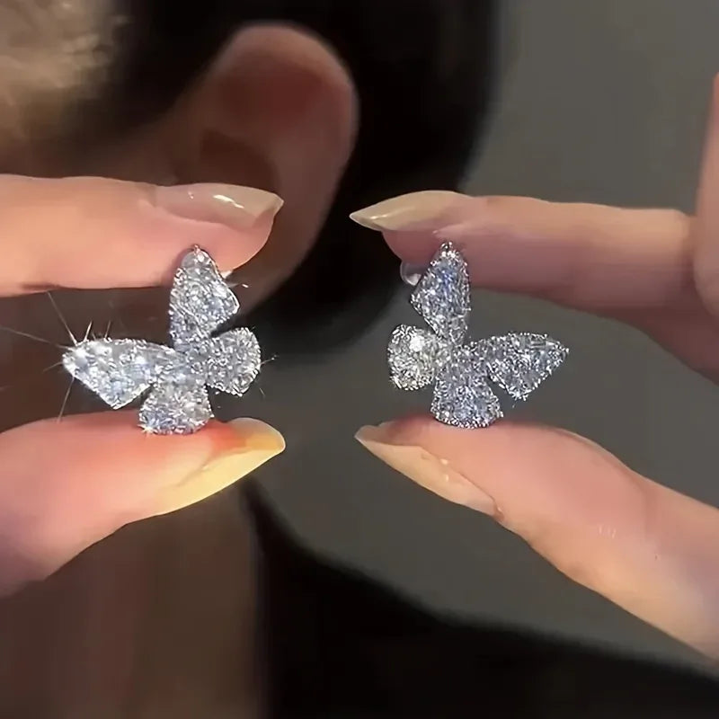 Women's Butterfly Stud Earrings - Sparkling -like, Elegant Everyday - alotasawkli