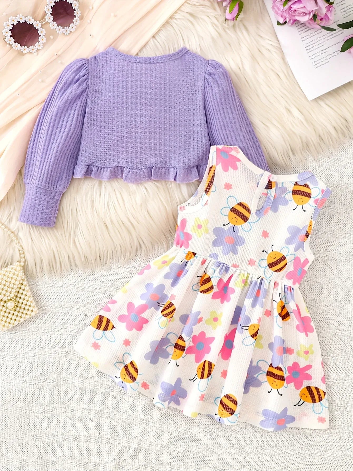 2pcs Autumn Winter Girl Purple Ruffle Jacket Button Decoration Bow Flower Little Bee Print Vest Dress, Suitable for Outdoor Play and Events, Casual Elegant, Fashionable Clothing, Perfect for Outdoor - alotasawkli