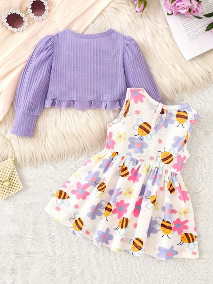 2pcs Autumn Winter Girl Purple Ruffle Jacket Button Decoration Bow Flower Little Bee Print Vest Dress, Suitable for Outdoor Play and Events, Casual Elegant, Fashionable Clothing, Perfect for Outdoor - alotasawkli