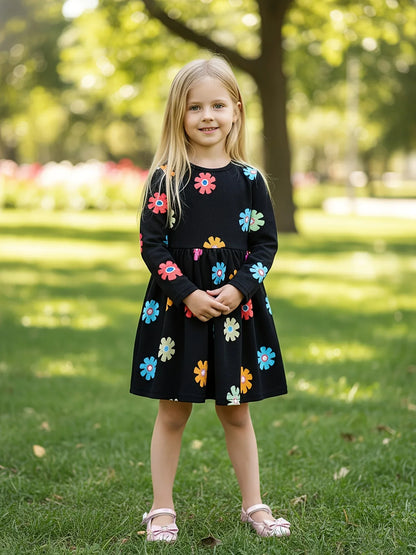 Baby Girl Long Sleeve Black Dress with Floral Digital Print | Crew Neck, Non-Stretch Fabric, Casual Style, Perfect for Spring/Fall - alotasawkli