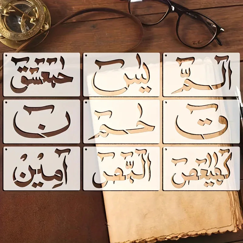 TEMU-9pcs Calligraphy Stenc| Reusable Letters for Islamic Art on Fabric - alotasawkli