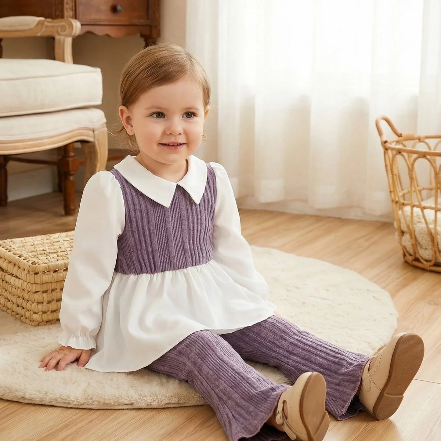 Knitted Girls' Set with Lapel Spliced Top + Flared Pants, Baby Spring/Autumn Stylish Sweet Two-Piece Set, Perfect for Outdoor - alotasawkli