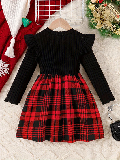 A Long-Sleeved Dress for Girls Featuring a Checkered Pattern And a Bow Decoration with Flutter Sleeves - alotasawkli