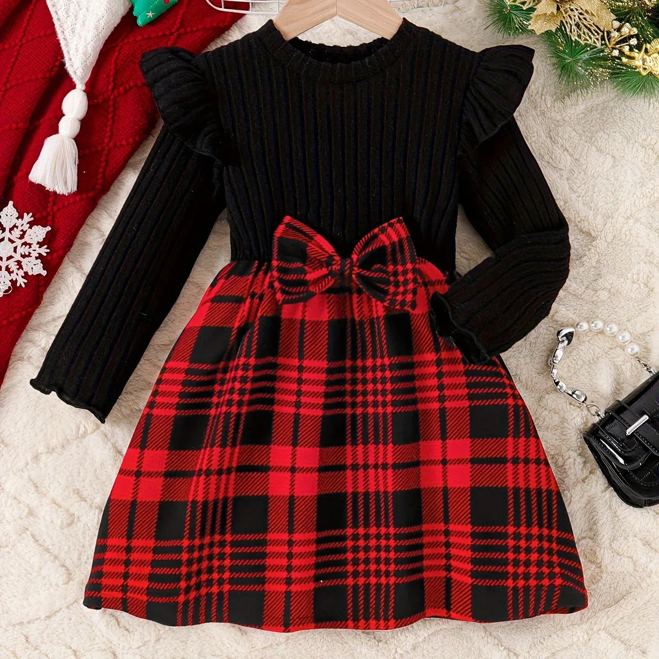 A Long-Sleeved Dress for Girls Featuring a Checkered Pattern And a Bow Decoration with Flutter Sleeves - alotasawkli