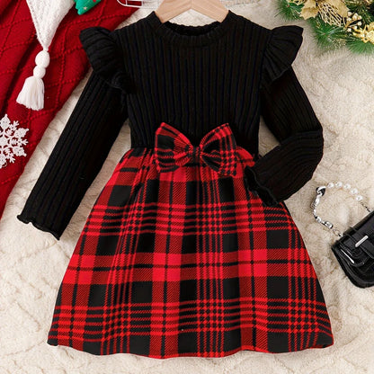 A Long-Sleeved Dress for Girls Featuring a Checkered Pattern And a Bow Decoration with Flutter Sleeves - alotasawkli