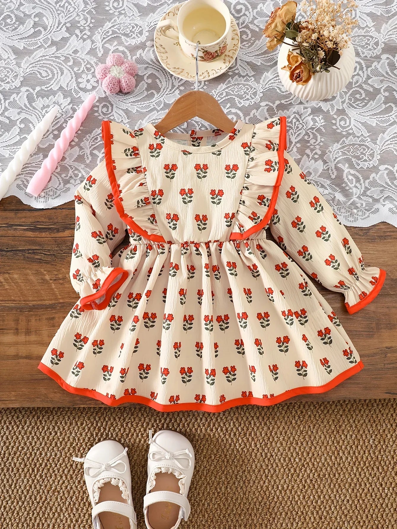 Baby Girl Floral Dress Set | Beige with Red Rose Print, Red Ruffle Trim Bell Sleeves, Cute and Sweet All-season Outfit - alotasawkli