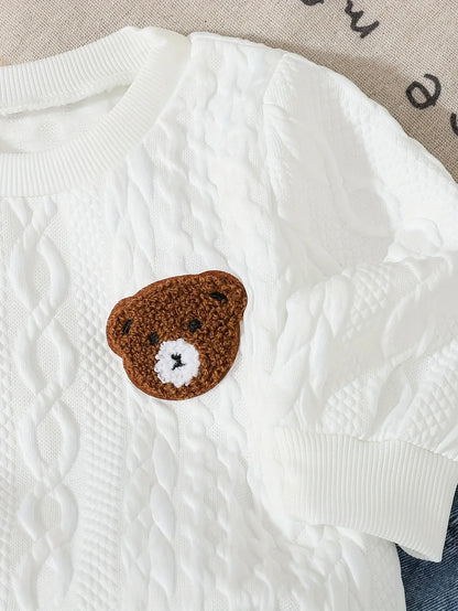 TEMU-2pcs Cute Set: Bear Patch Textured Round Neck - alotasawkli