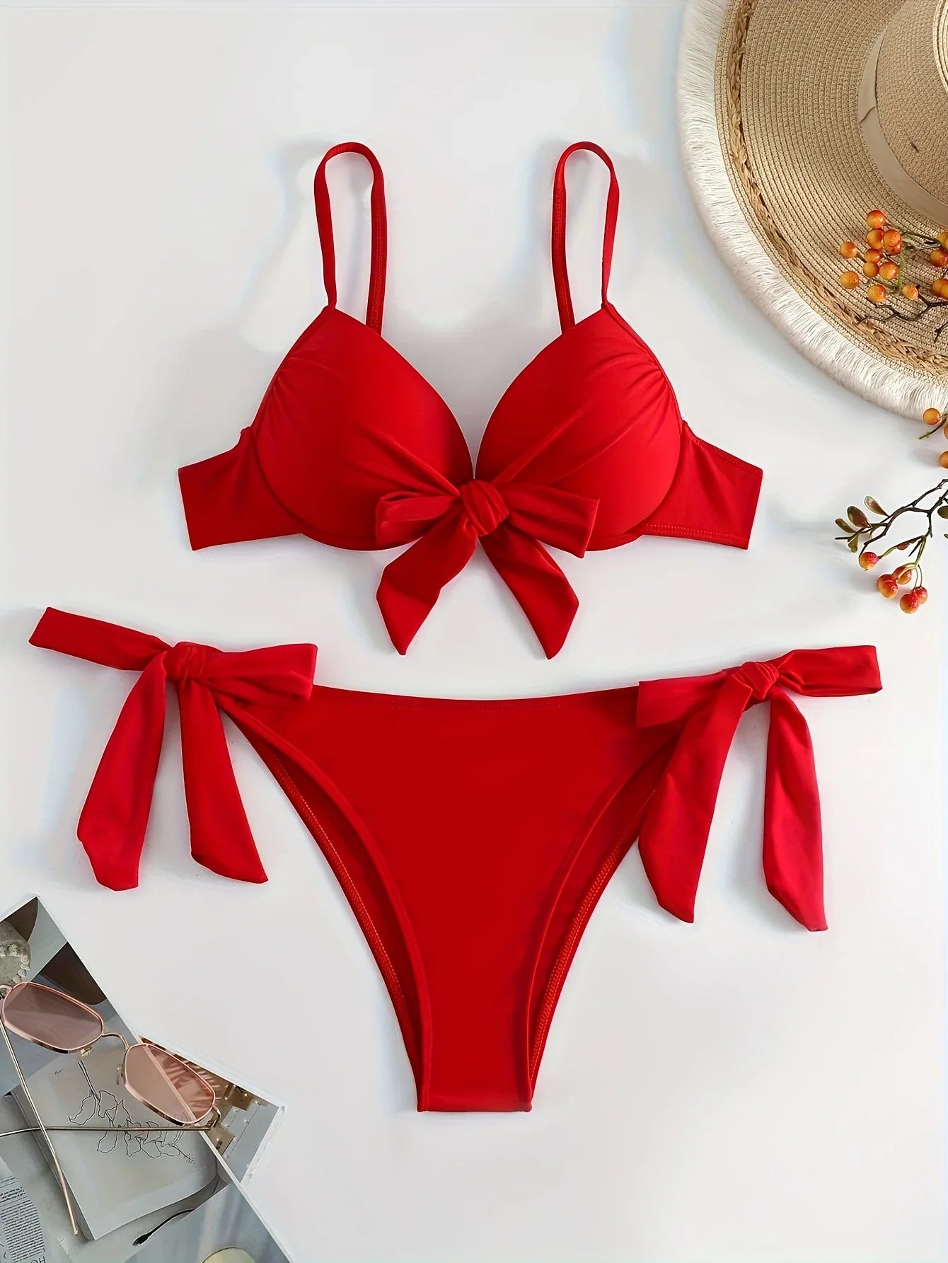 TEMU-Big Red Gathered Hard Pack Strap Bikini Set - alotasawkli