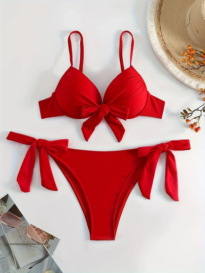 TEMU-Big Red Gathered Hard Pack Strap Bikini Set - alotasawkli