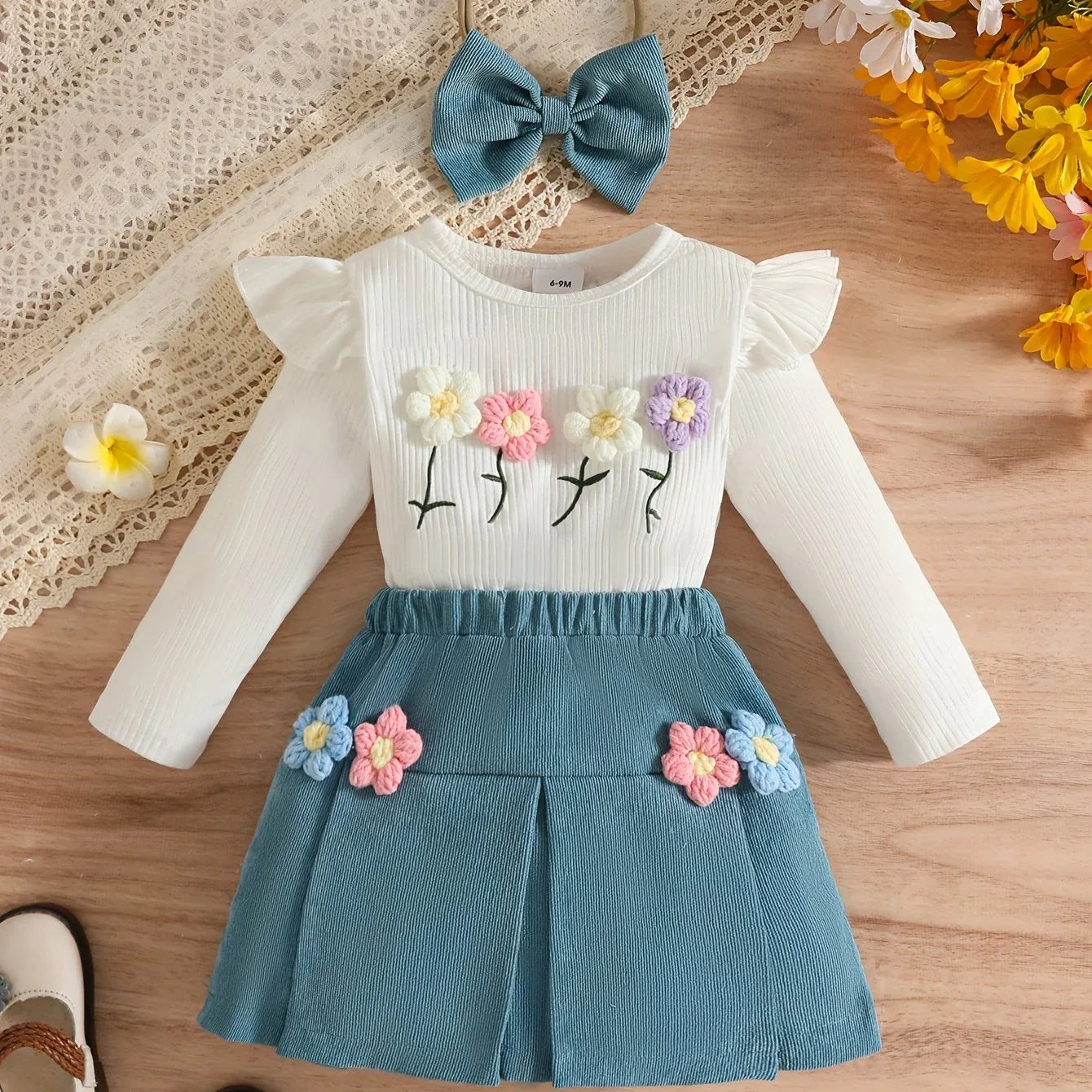 Girls' Long Sleeve 3pcs Set with 3D Floral Top, Skirt, and Headband, Perfect for Outdoor - alotasawkli