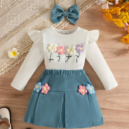 Girls' Long Sleeve 3pcs Set with 3D Floral Top, Skirt, and Headband, Perfect for Outdoor - alotasawkli