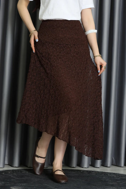 Asymmetrical Ruffled Midi Skirt - Coffee Brown
