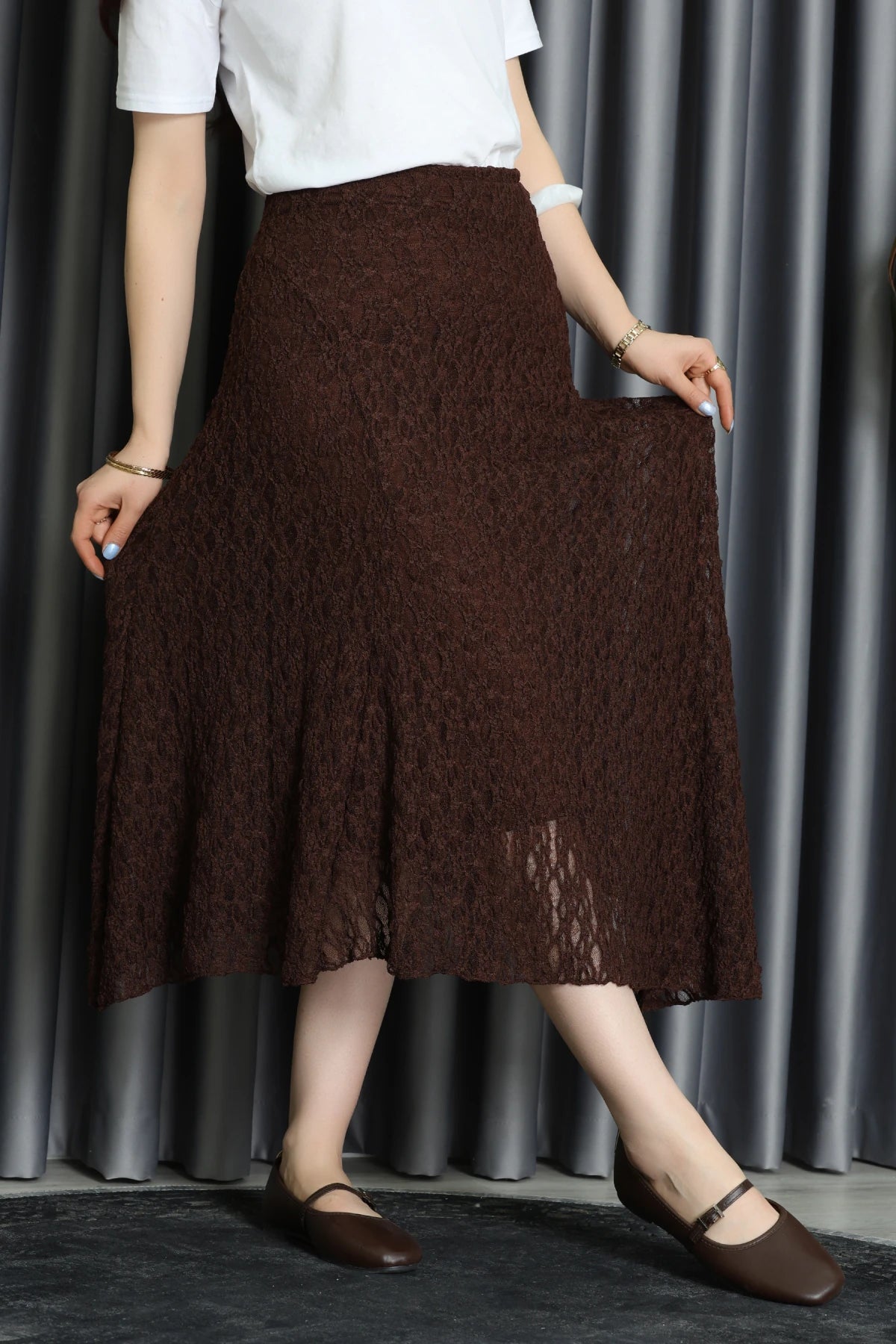 Asymmetrical Ruffled Midi Skirt - Coffee Brown