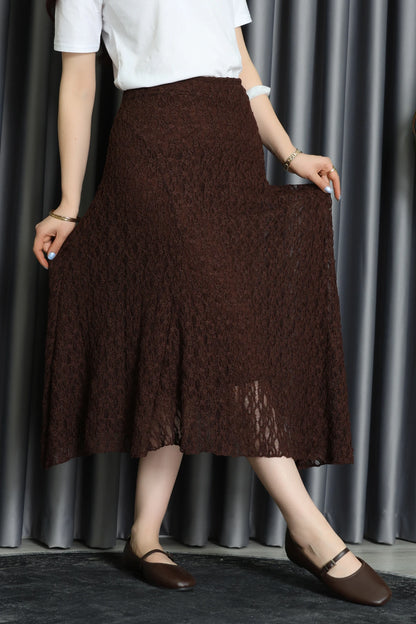 Asymmetrical Ruffled Midi Skirt - Coffee Brown