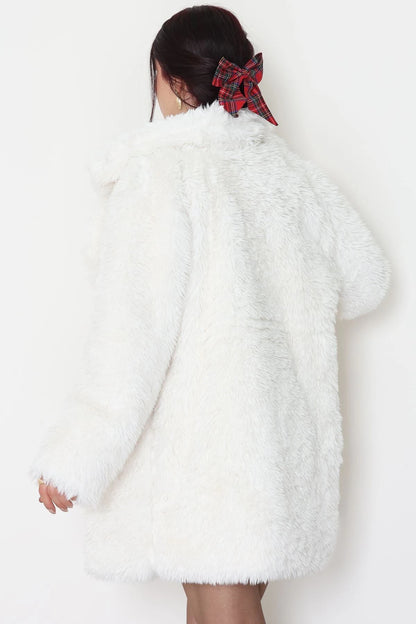 Women’s Long Lined Faux Fur Coat – Elegant Ecru