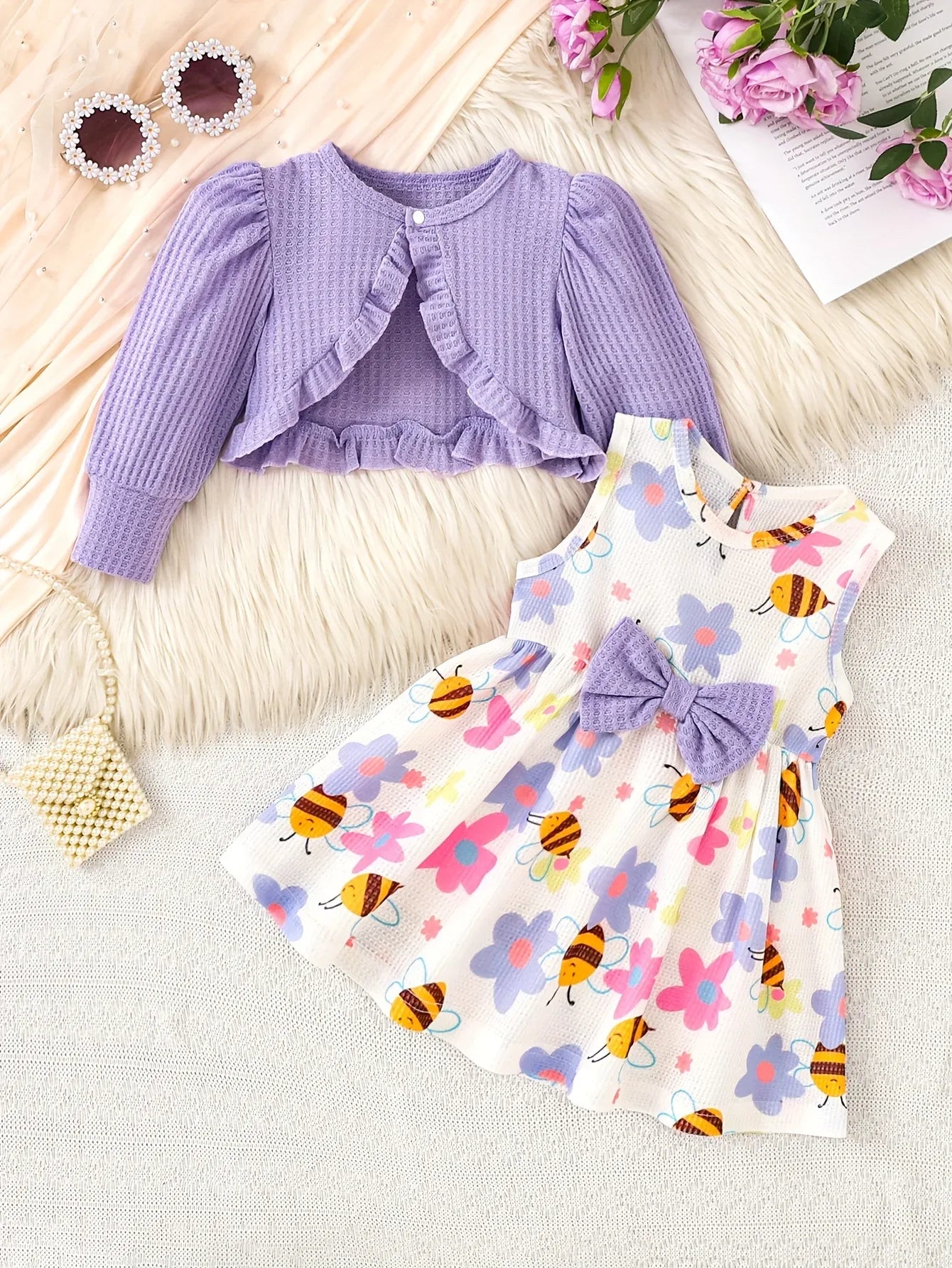 2pcs Autumn Winter Girl Purple Ruffle Jacket Button Decoration Bow Flower Little Bee Print Vest Dress, Suitable for Outdoor Play and Events, Casual Elegant, Fashionable Clothing, Perfect for Outdoor - alotasawkli