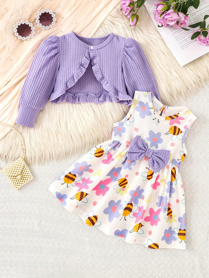 2pcs Autumn Winter Girl Purple Ruffle Jacket Button Decoration Bow Flower Little Bee Print Vest Dress, Suitable for Outdoor Play and Events, Casual Elegant, Fashionable Clothing, Perfect for Outdoor - alotasawkli