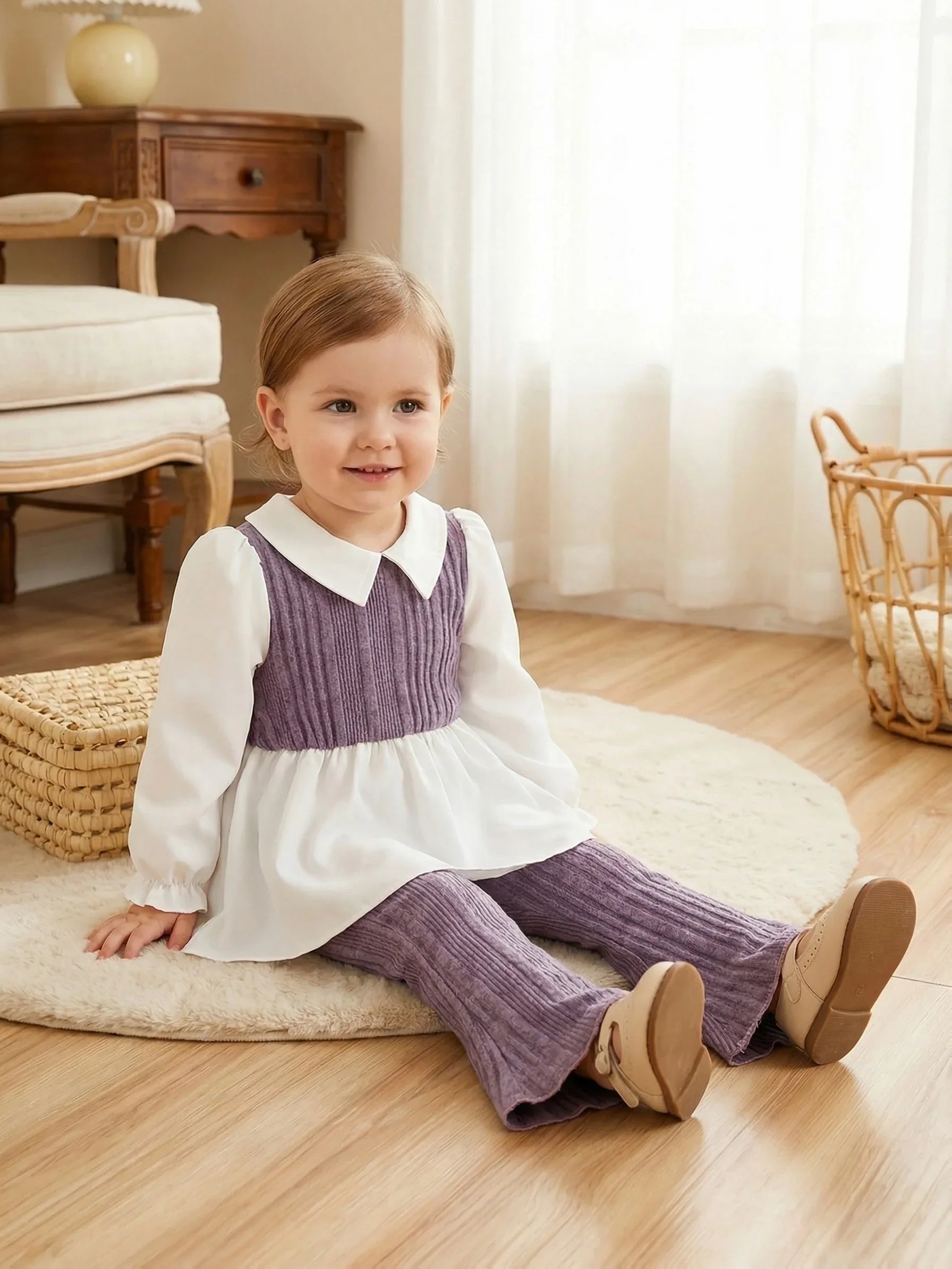Knitted Girls' Set with Lapel Spliced Top + Flared Pants, Baby Spring/Autumn Stylish Sweet Two-Piece Set, Perfect for Outdoor - alotasawkli
