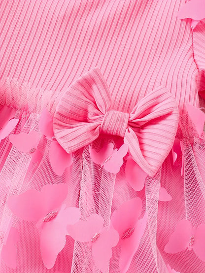 Spring And Autumn Style Dress for Baby Girls with Lace Round Neck, Bow Decoration, Mesh Splicing, And Flutter Sleeves, Developed for a Specific Purpose. - alotasawkli