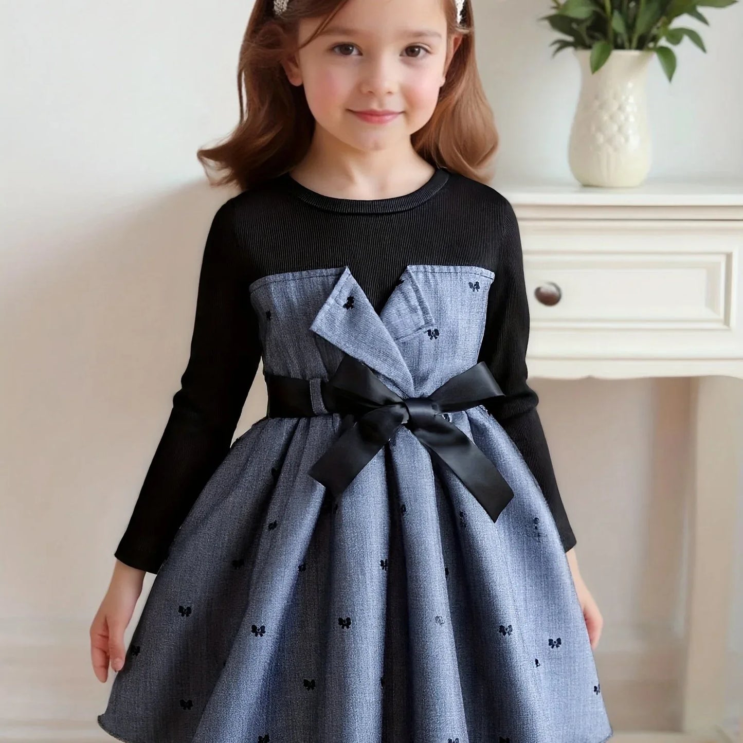 TEMU-Girls' Elegant Long Sleeve A-Line Dress with Bow & Heart PrinT - alotasawkli