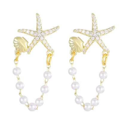 Pair of Starfish Shell Ocean Style Earrings - 18K Golden Plated Zinc - alotasawkli